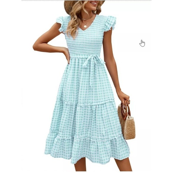 Kojooin Dresses & Skirts - KOJOOIN Gingham Smocked Maxi Dress Ruffle Sleeve Tiered Mint Green XL